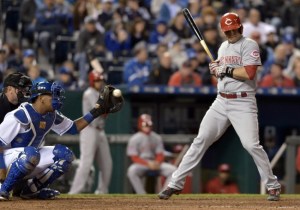 May 19, 2015; Kansas City, MO, USA; Cincinnati Reds catcher Devin Mesoraco (39) steps back from a close pitch in the eighth inning against the Kansas City Royals at Kauffman Stadium. The Royals won 3-0.  Mandatory Credit: Denny Medley-USA TODAY Sports