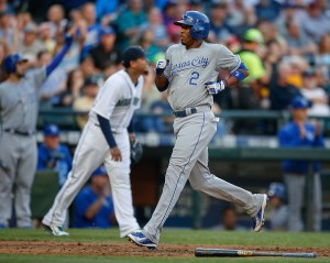 SEATTLE, WA - JUNE 22: Alcides Escobar #2 of the Kansas City Royals scores on an RBI double off the bat of Mike Moustakas in the second inning against the Seattle Mariners at Safeco Field on June 22, 2015 in Seattle, Washington. (Photo by Otto Greule Jr/Getty Images)
