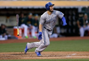 Kansas City Royals' Eric Hosmer flings his bat after hitting a two-run single off Oakland Athletics' Jesse Hahn futinh the third inning of a baseball game Friday, June 26, 2015, in Oakland, Calif. (AP Photo/Ben Margot)