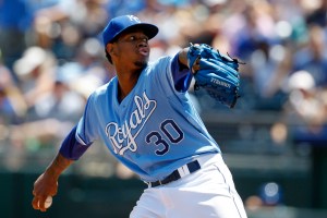 Kansas City Royals pitcher Yordano Ventura throws in the first inning of a baseball game against the Kansas City Royals in Kansas City, Mo., Sunday, July 26, 2015. (AP Photo/Colin E. Braley)