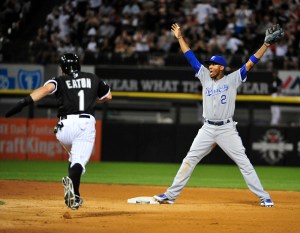 CHICAGO, IL - JULY 17:  Alcides Escobar #2 of the Kansas City Royals yells for throw to second base as Adam Eaton #1 of the Chicago White Sox is safe during the seventh inning on July 17, 2015 at U.S. Cellular Field  in Chicago, Illinois. (Photo by David Banks/Getty Images)