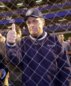394801 05: New York City Mayor Rudolph Giuliani gestures before the Mets'' game against the Atlanta Braves at Shea Stadium in Flushing, NY September 21, 2001 in the first major sporting event in the New York area since the World Trade Center disaster. (Photo by Ezra Shaw/Allsport/Getty Images)