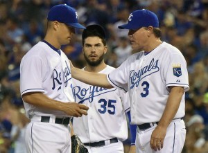 July 03, 2015: Kansas City Royals Manager Ned Yost relieves Kansas City Royals' starting pitcher Jeremy Guthrie (11) in the seventh inning during a Major League Baseball  game between the Minnesota Twins and the Kansas City Royals at Kauffman Stadium in Kansas City. The Royals won in ten innings, 3-2.