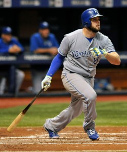 Kansas City Royals' Mike Moustakas hits a RBI-double off Tampa Bay Rays starter Jake Odorizzi during the fourth inning of a baseball game Saturday, Aug. 29, 2015, in St. Petersburg, Fla. (AP Photo/Steve Nesius)
