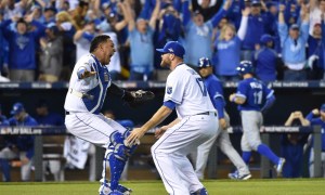 Oct 23, 2015; Kansas City, MO, USA; Kansas City Royals relief pitcher Wade Davis (17) and catcher Salvador Perez (left) celebrate after defeating the Toronto Blue Jays in game six of the ALCS at Kauffman Stadium. Mandatory Credit: Peter G. Aiken-USA TODAY Sports ORG XMIT: USATSI-245746 ORIG FILE ID: 20151023_jla_sa7_285.jpg