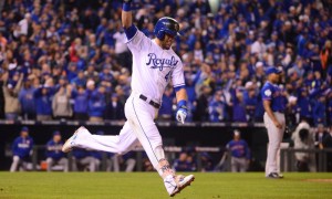 Oct 27, 2015; Kansas City, MO, USA; Kansas City Royals left fielder Alex Gordon (4) celebrates after hitting a solo home run against the New York Mets in the 9th inning in game one of the 2015 World Series at Kauffman Stadium. Mandatory Credit: Jeff Curry-USA TODAY Sports ORG XMIT: USATSI-245840 ORIG FILE ID: 20151027_jla_ac1_235.jpg